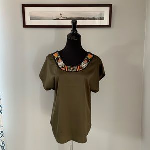 Dark Green Beaded Neckline Doleman Satin TShirt